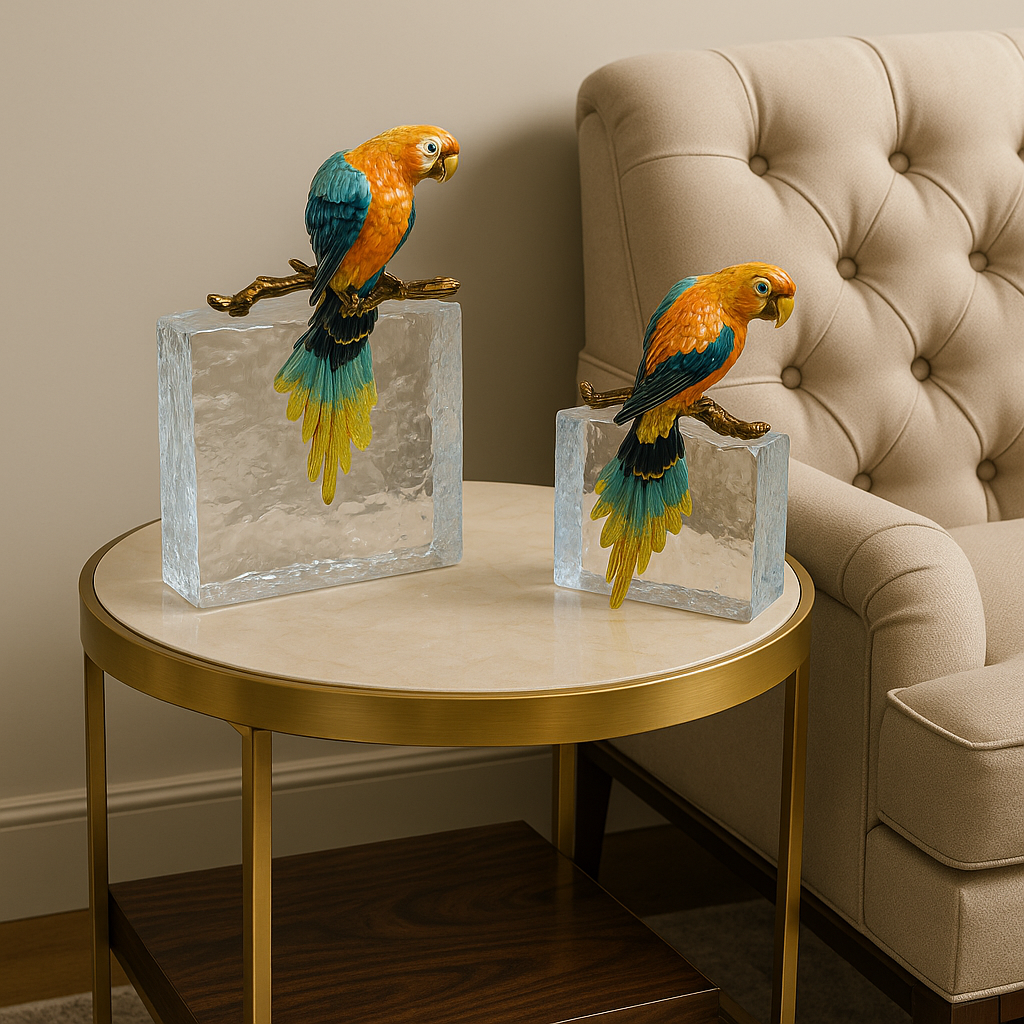 Vibrant Enamel Macaw Figurines on Clear Acrylic Blocks - Exotic Bird Sculpture Set