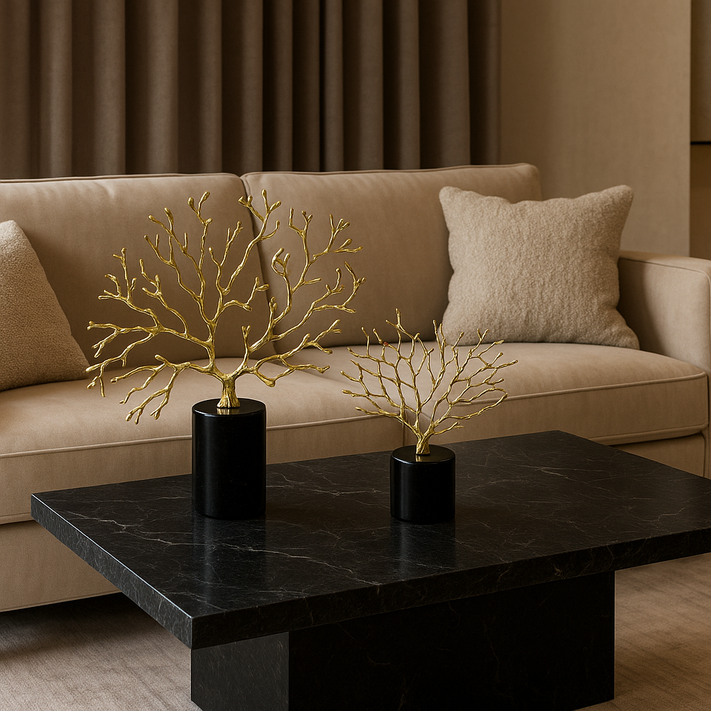 Modern Golden Coral/Tree Branch Decor Set - Black Base Tabletop Sculpture