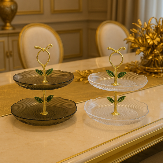 Elegant Two-Tier Fluted Glass & Golden Vine Server - Decorative Dessert & Appetizer Stand