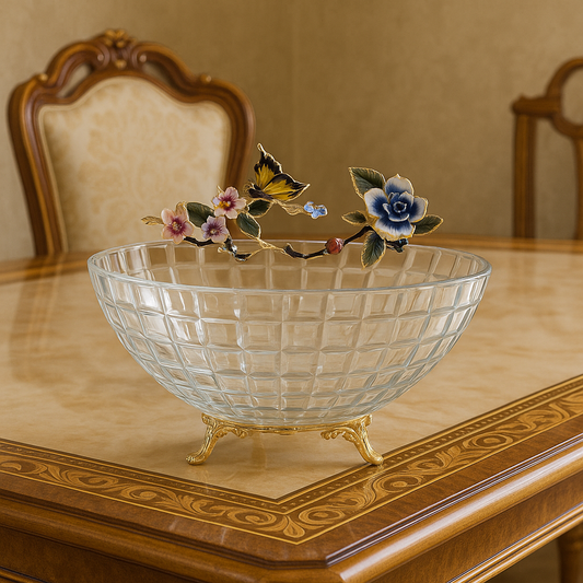 Elegant Woven-Texture Glass Fruit Bowl with Enamel Floral & Butterfly Handles - Golden Footed Centerpiece