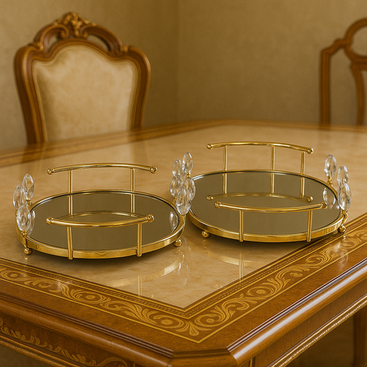 Luxurious Golden Mirrored Vanity Tray Set with Sparkling Crystal Accents - Elegant Round Display