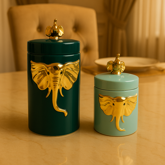 Elegant Ceramic Jar with Golden Elephant Detail & Lid