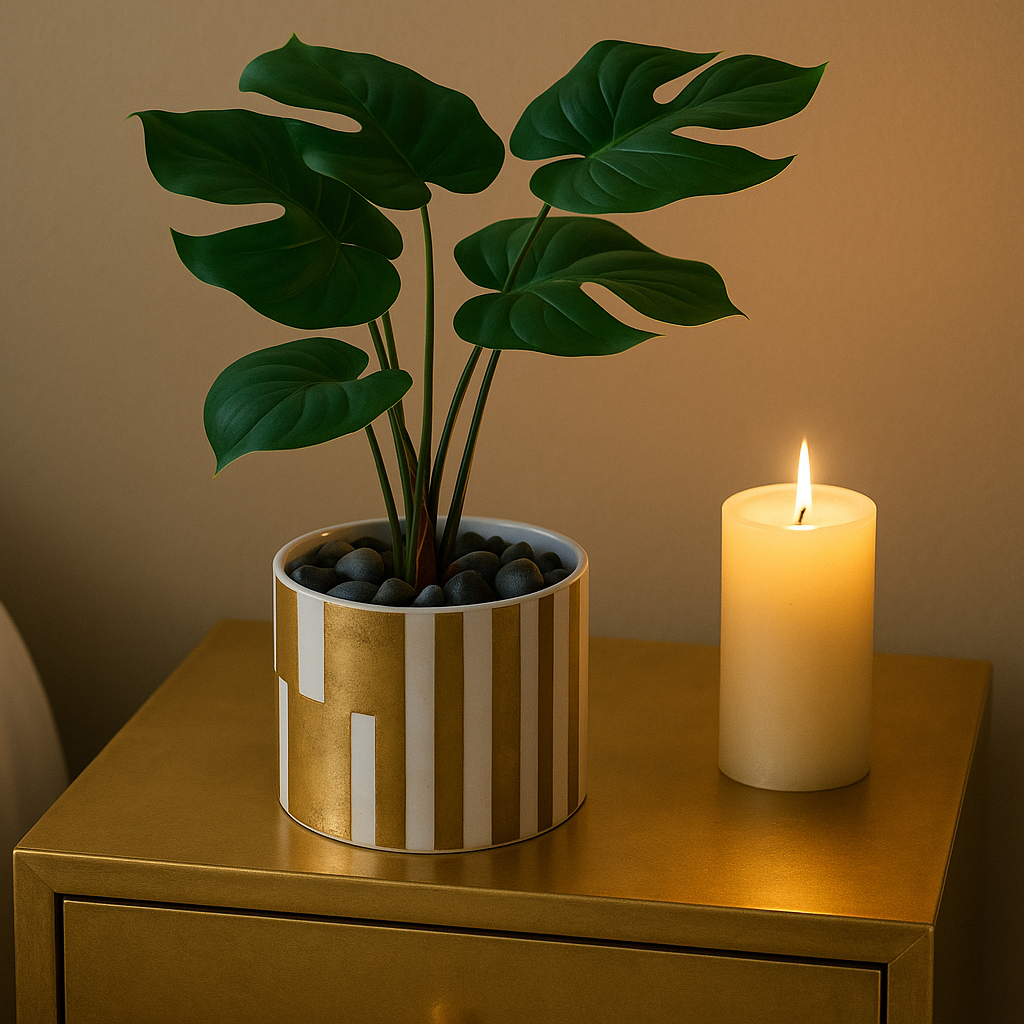 Modern Art Faux Monstera Plant in Gold & White Striped Pot