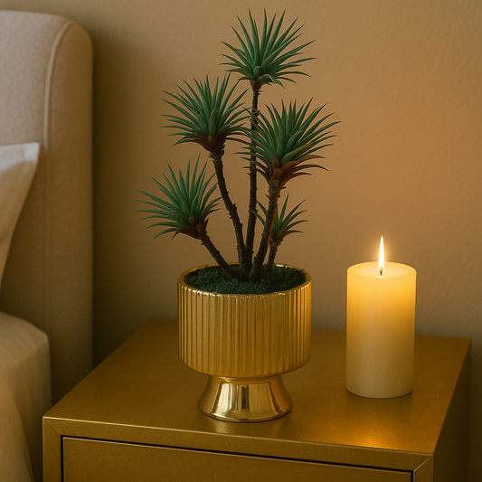 Modern Spiky Artificial Plant in Gold Ribbed Pedestal Planter
