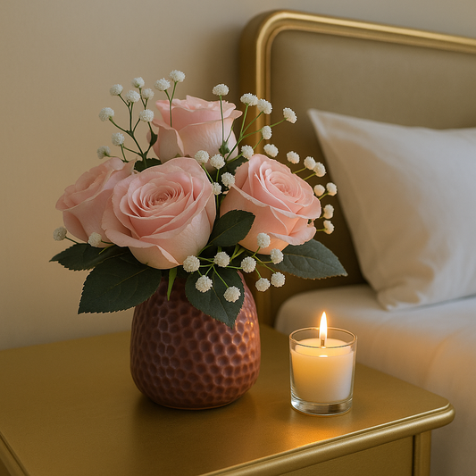 Elegant Faux Pink Rose & Baby's Breath Arrangement in Textured Plum Pot