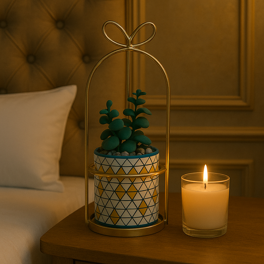 Modern Geometric Planter with Gold Metal Stand & Faux Succulent