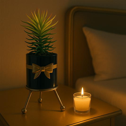 Elegant Faux Succulent in Blue & Gold Bow Pot with Metal Stand