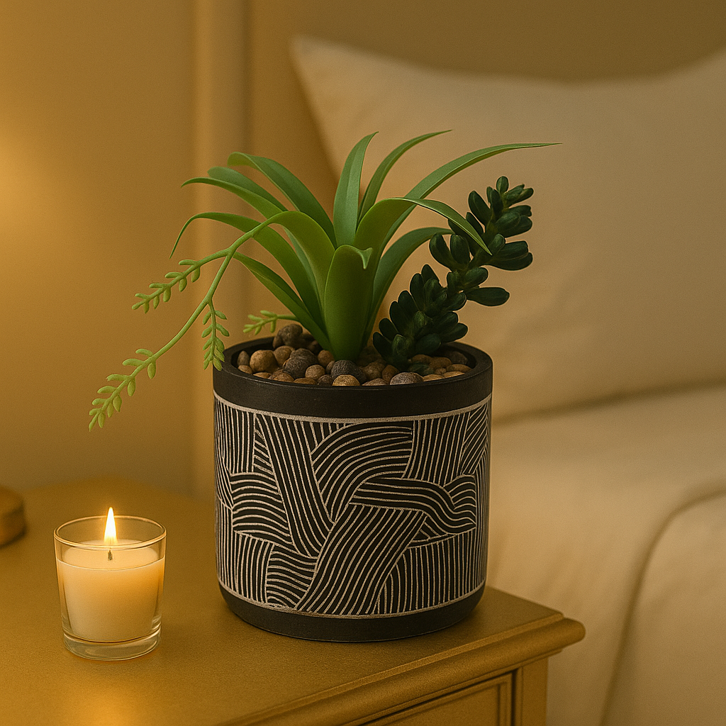 Modern Abstract Faux Succulent Trio in Black & White Textured Pot