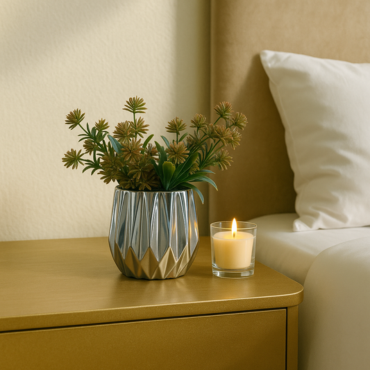 Modern Faux Succulent Arrangement in Faceted Silver Pot