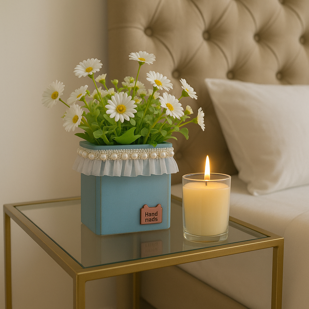 Charming Faux Pink Daisy Arrangement in Lace-Trimmed Teal Pot with Scented Candle
