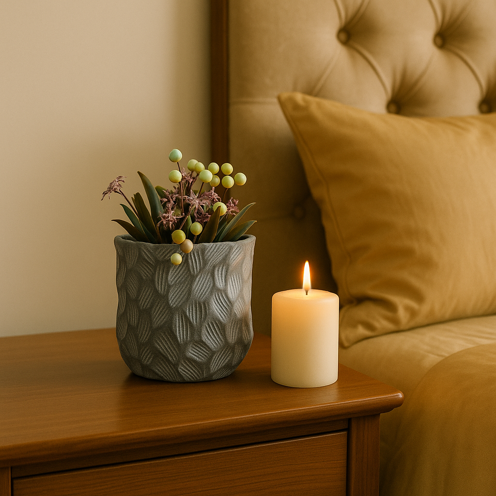 Textured Grey Pot with Faux Berries and Foliage
