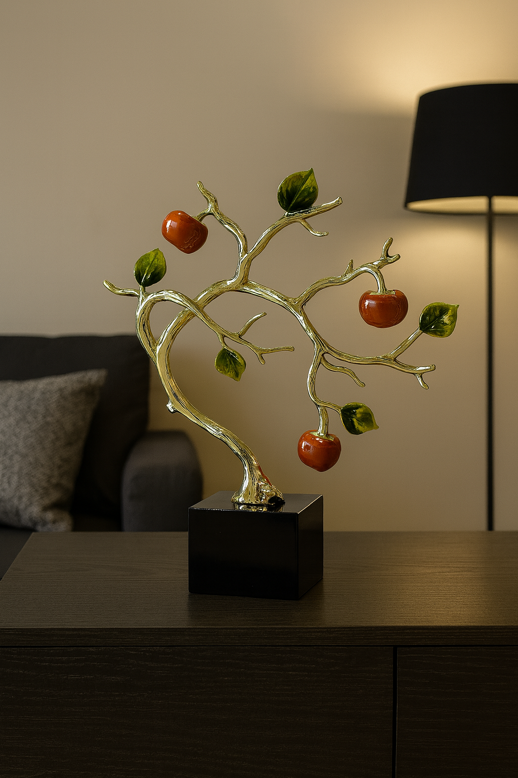 Golden Apple Tree Sculpture with Green Leaves