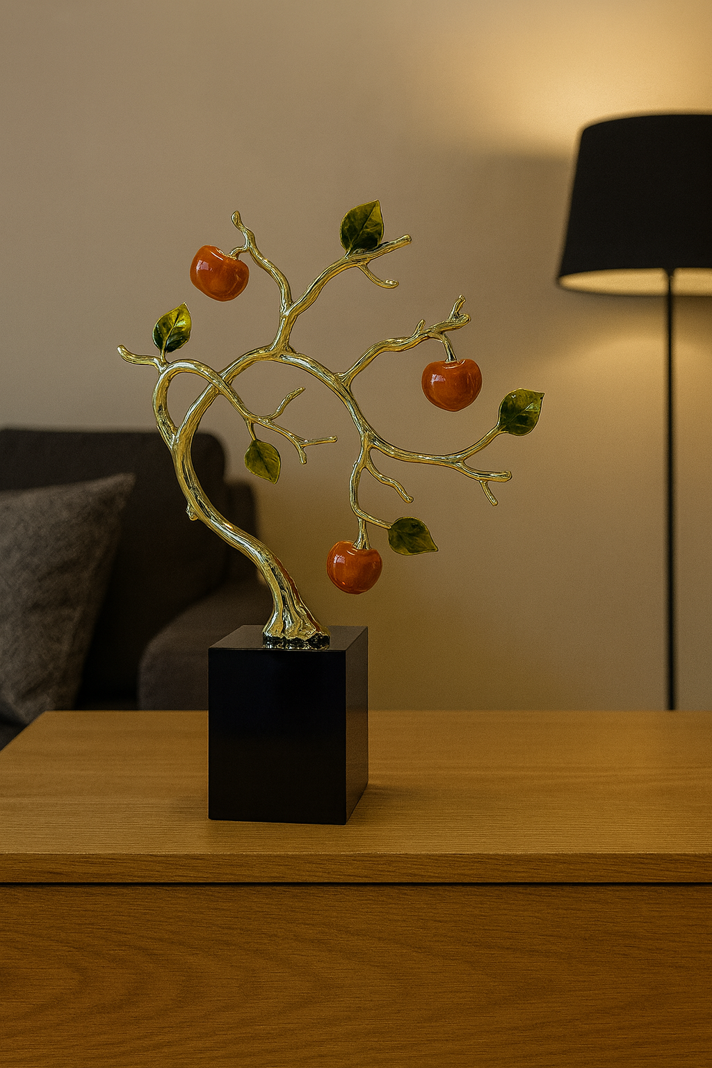 Golden Apple Tree Sculpture with Green Leaves