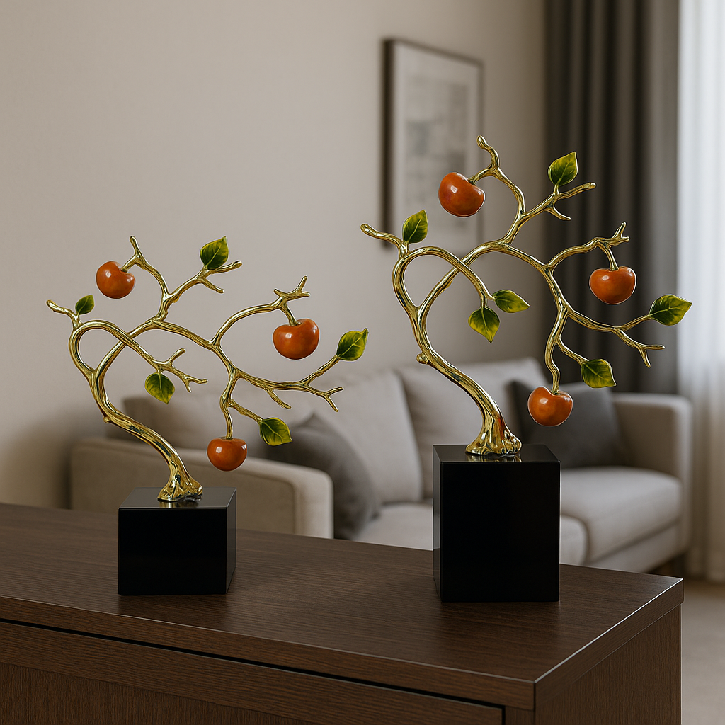 Golden Apple Tree Sculpture with Green Leaves