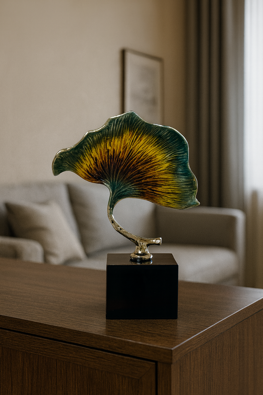 Golden Leaf Sculpture with Elegant Stand
