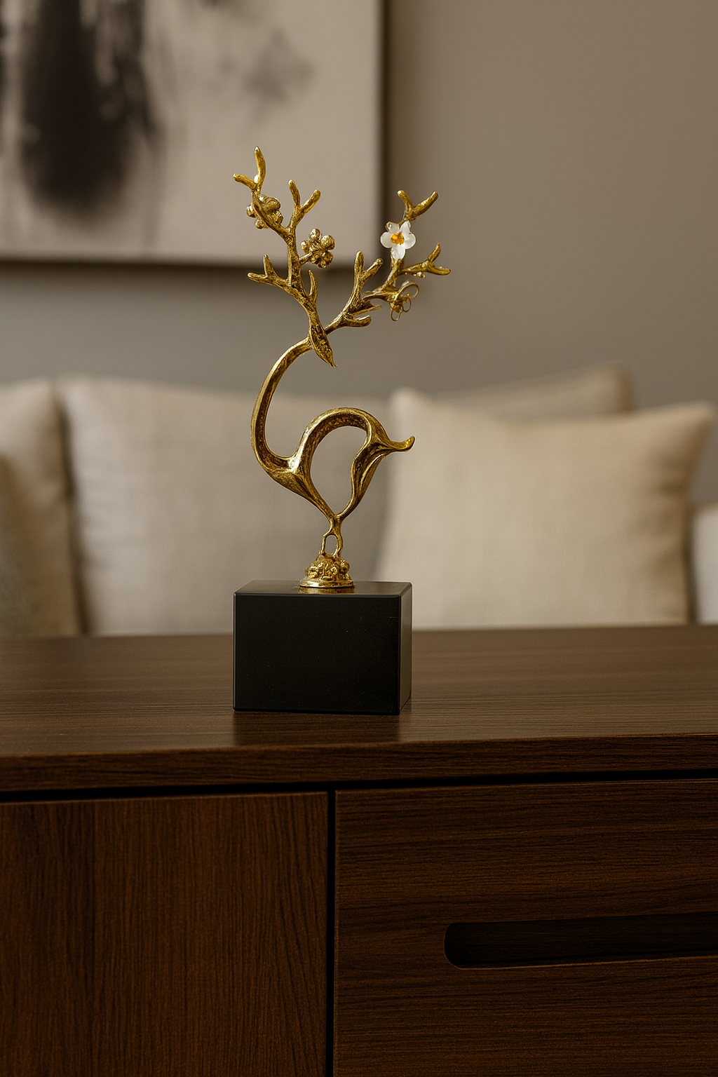 Golden Deer Sculpture with Floral Branch – Modern Luxury Home Decor
