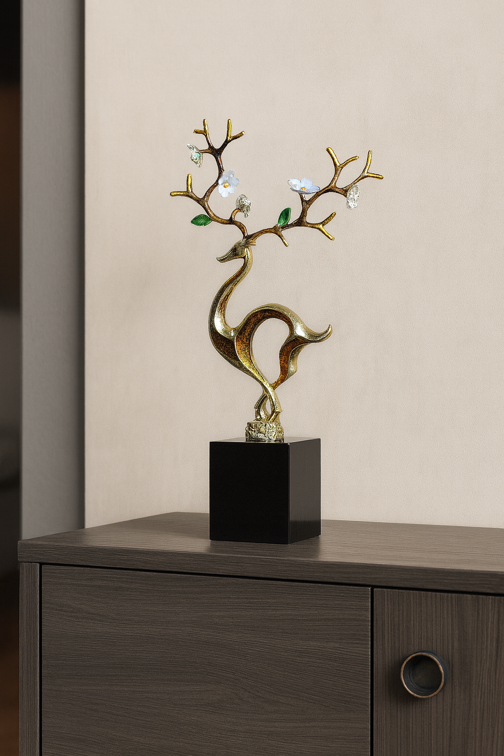Golden Deer Sculpture with Floral Branch – Modern Luxury Home Decor
