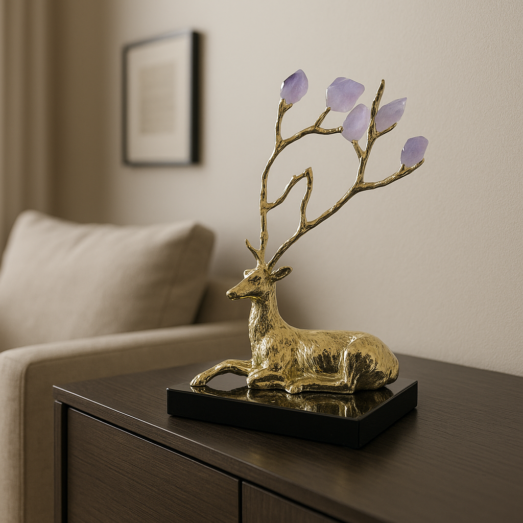 Golden Resting Deer Sculpture with Gemstone Antlers