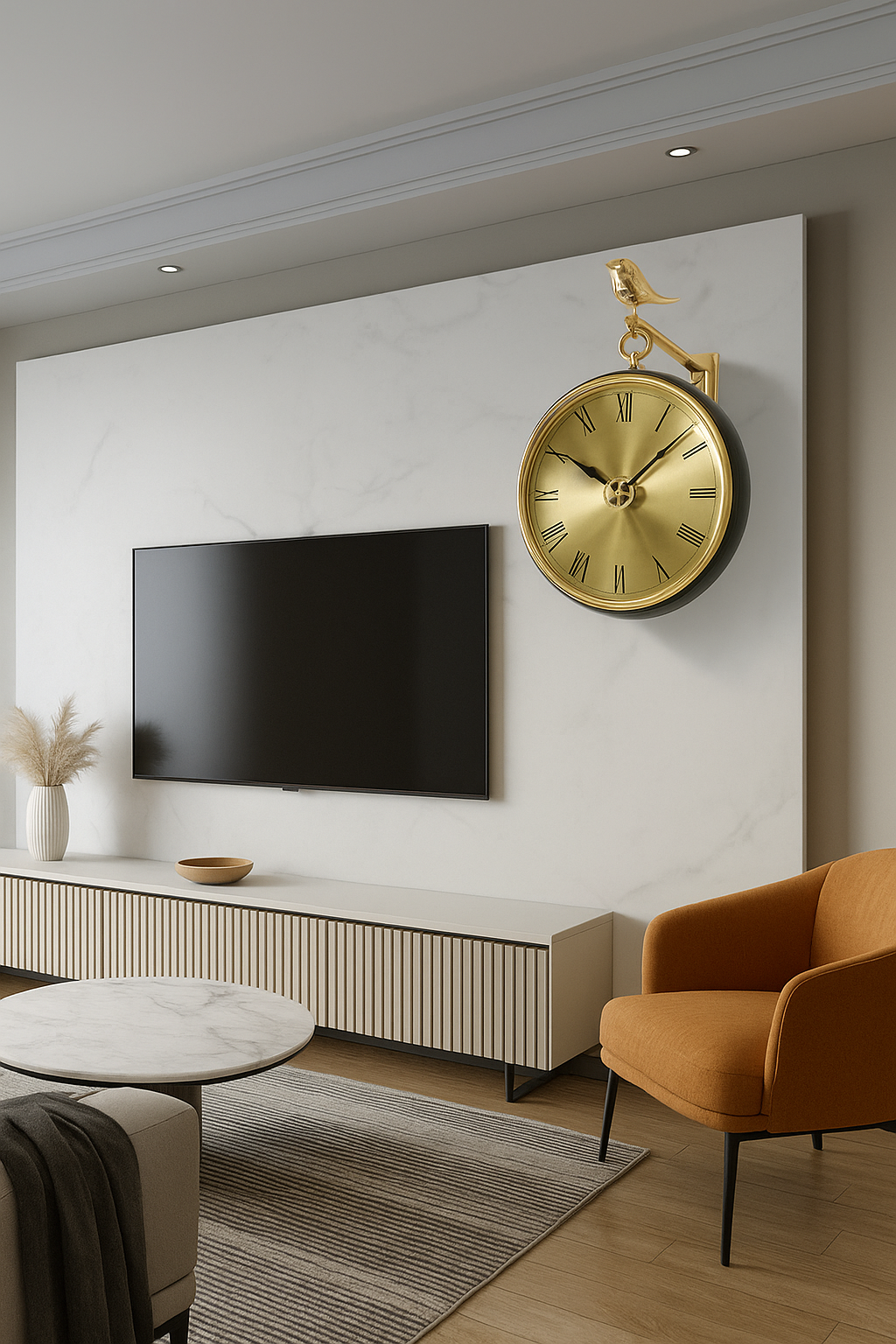 Golden Hanging Wall Clock with Roman Dial & Bird Accent – Luxury Design