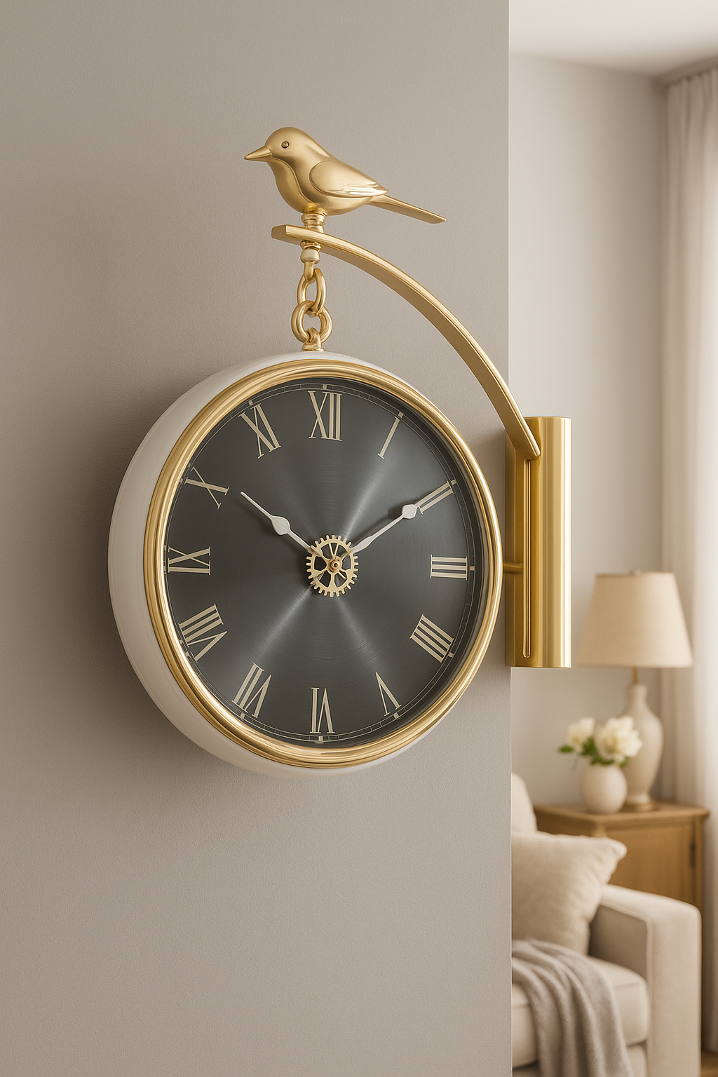 Golden Hanging Wall Clock with Roman Dial & Bird Accent – Luxury Design