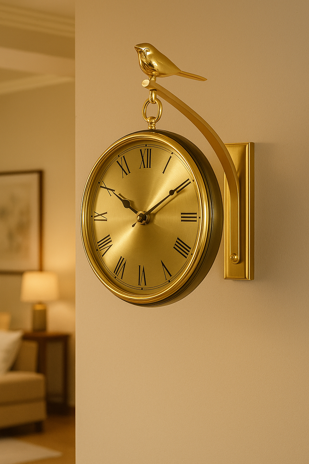 Golden Hanging Wall Clock with Roman Dial & Bird Accent – Luxury Design