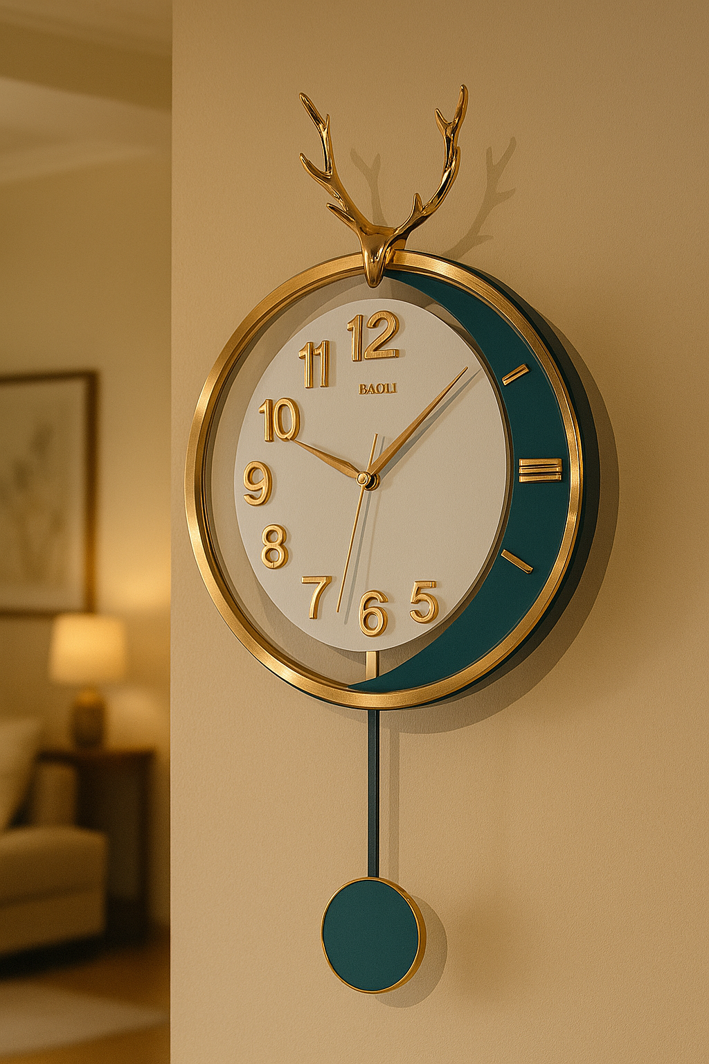 Luxury Golden Wall Clock with Pendulum & Antler Design