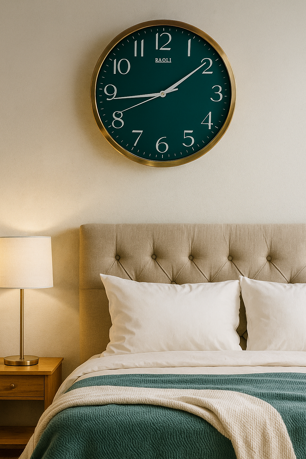 Minimal Round Wall Clock with Green Dial & Golden Frame – RAOLI Design