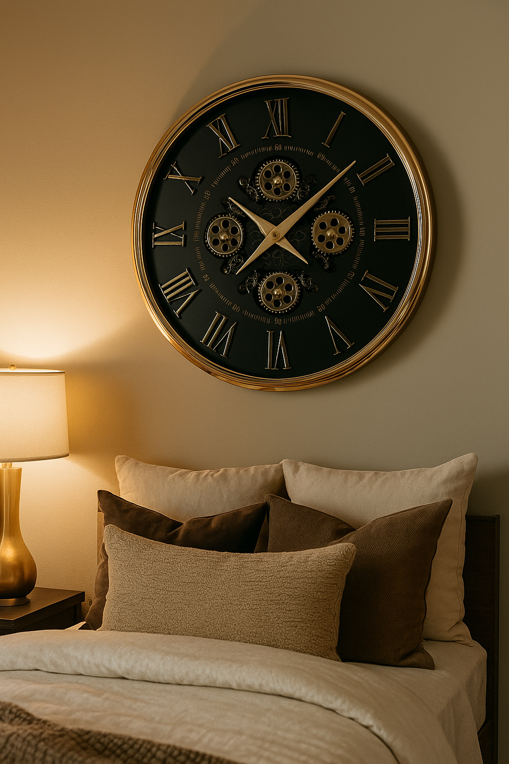 Luxury Roman Numeral Gear Wall Clock with Golden Frame – Vintage Modern Design