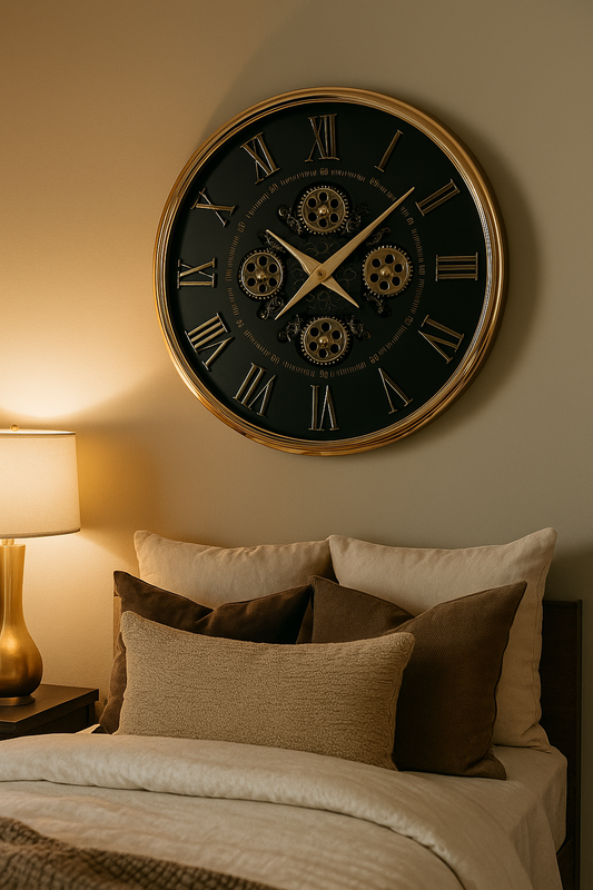 Luxury Roman Numeral Gear Wall Clock with Golden Frame – Vintage Modern Design