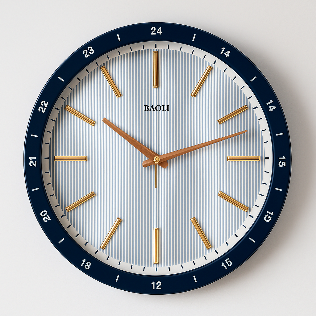 Modern 24-Hour Wall Clock with Navy Blue Frame & Golden Markers – BAOLI Design