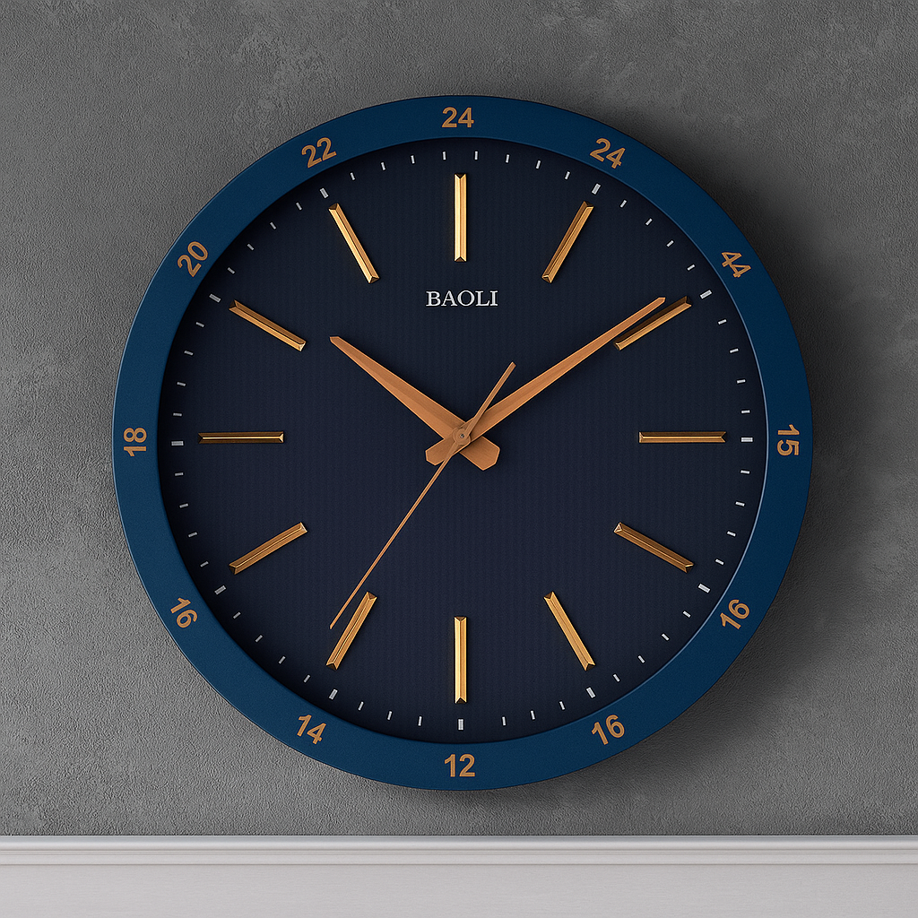 Modern 24-Hour Wall Clock with Navy Blue Frame & Golden Markers – BAOLI Design
