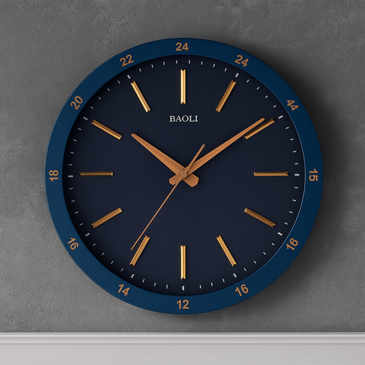 Modern 24-Hour Wall Clock with Navy Blue Frame & Golden Markers – BAOLI Design