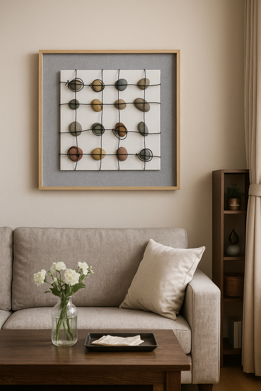 Natural Pebble & Wire Grid Wall Art – Modern Rustic Handmade Frame