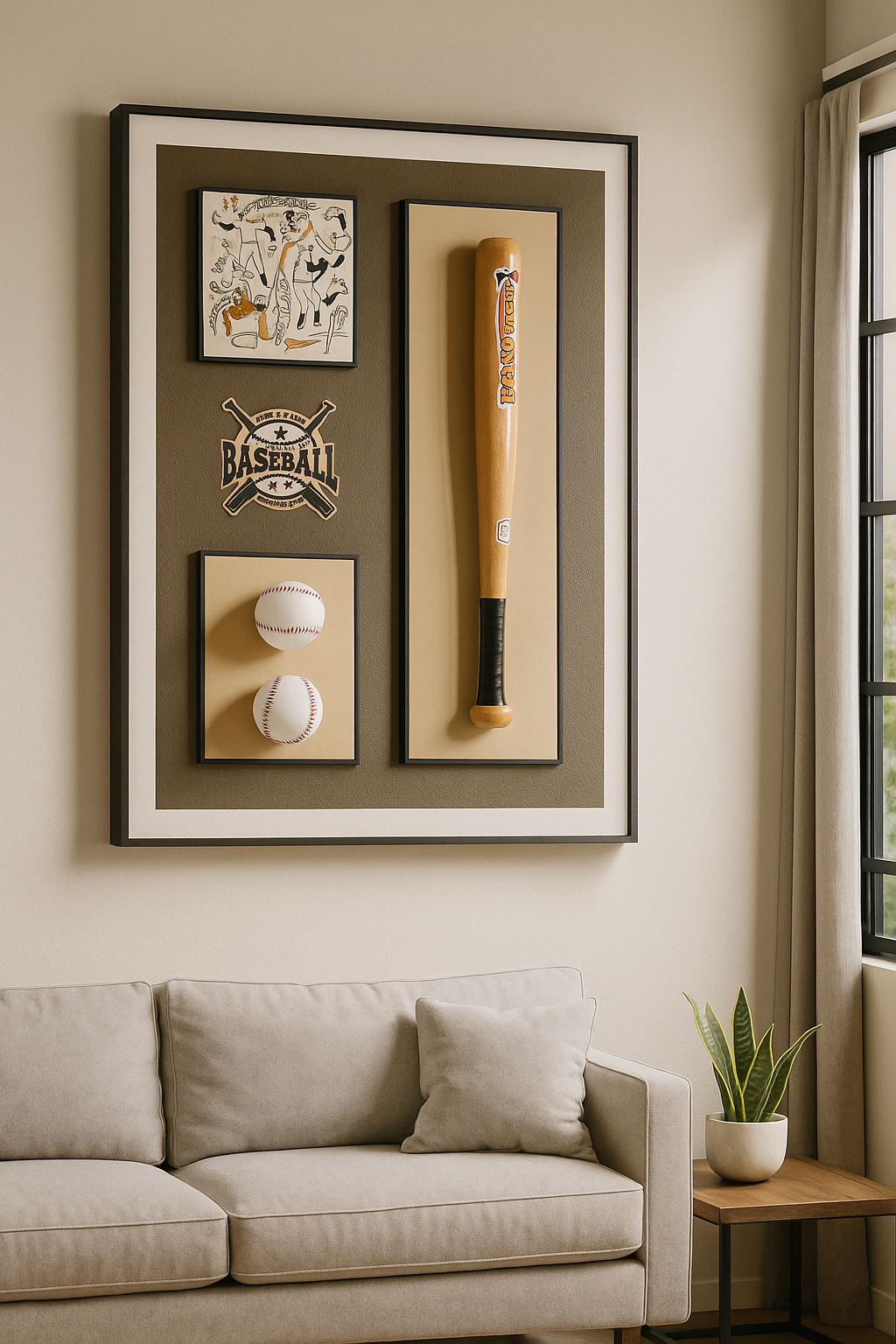 Baseball-Themed Wall Frame – 3D Bat & Ball Sports Memorabilia Décor