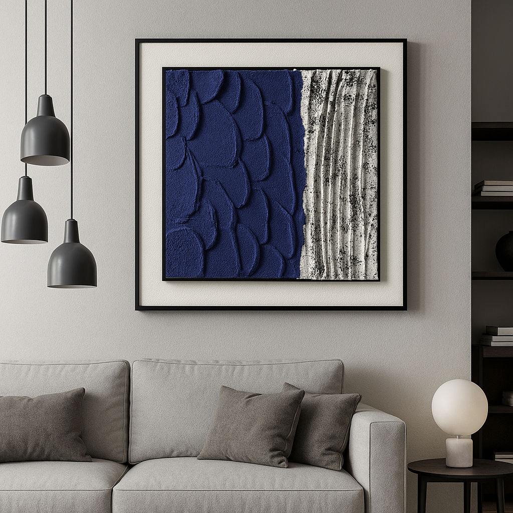 Textured Blue & White Abstract Wall Frame – Modern Luxury Décor