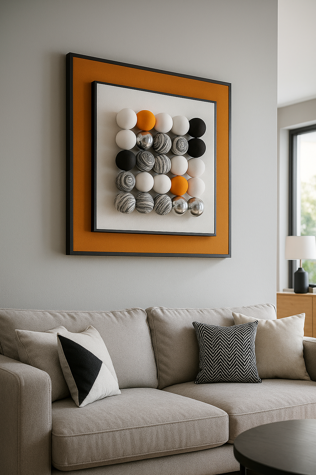 Luxury 3D Wall Art Sculpture – Geometric Sphere Design with Orange Frame