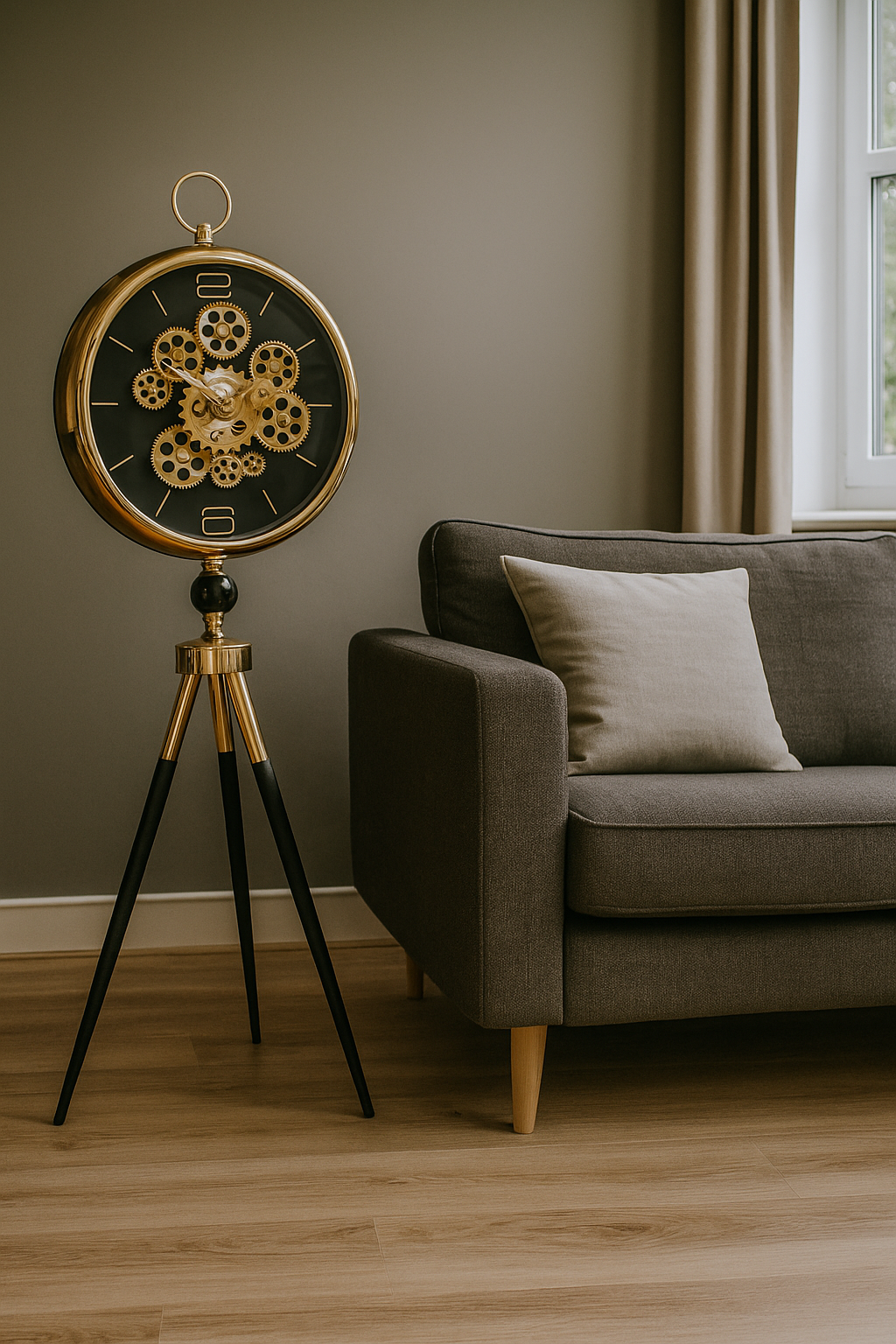 Industrial Gear Floor Clock with Tripod Stand – Luxury Home Décor