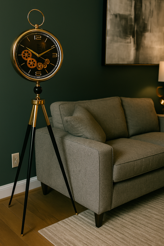Golden Gear Floor Clock with Tripod Stand – Modern Industrial Design