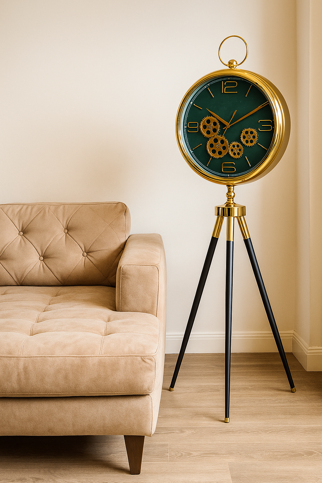 Golden Gear Floor Clock with Tripod Stand – Modern Industrial Design