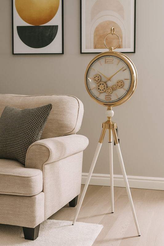 Golden Gear Floor Clock with Tripod Stand – Modern Industrial Design