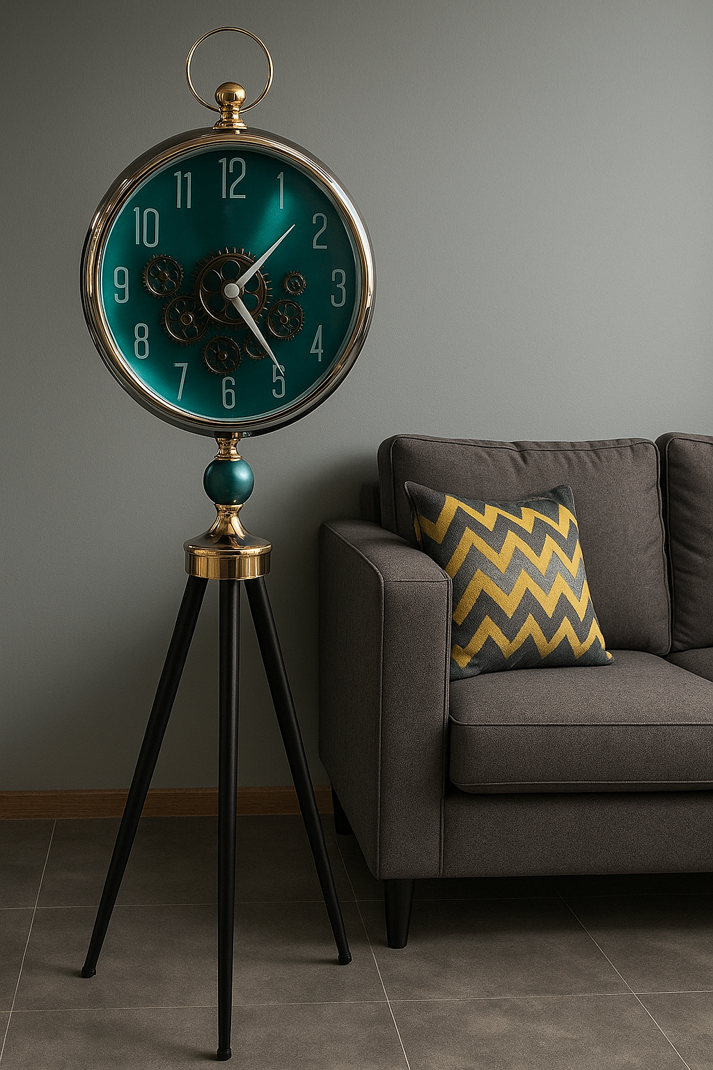 Industrial Gear Floor Clock with Tripod Stand – Luxury Home Décor