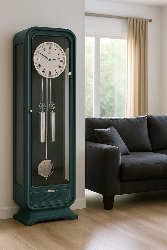 Modern Grandfather Clock with Teal Wooden Frame & Silver Pendulum