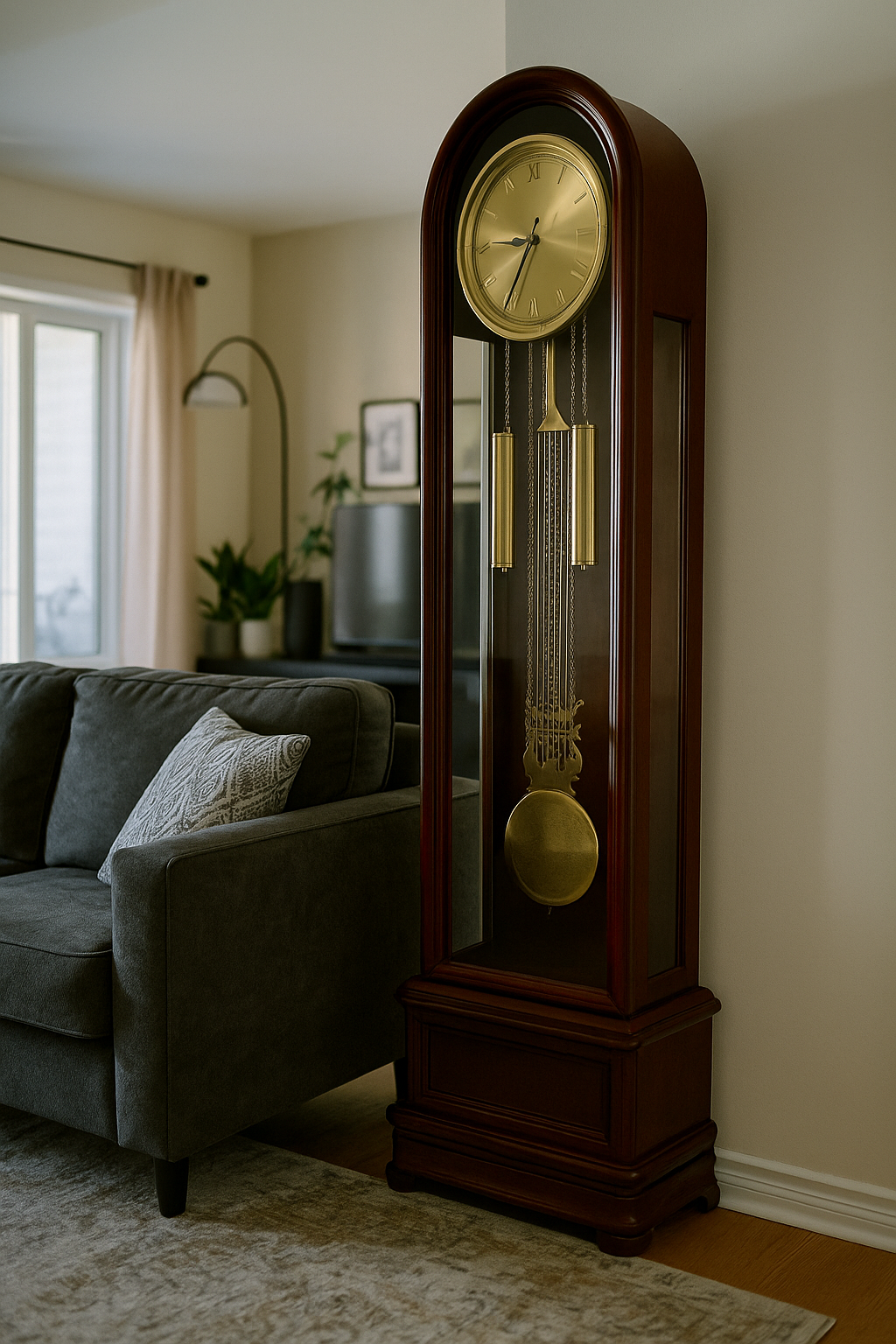 Classic Grandfather Floor Clock with Golden Pendulum – Luxury Wooden Design