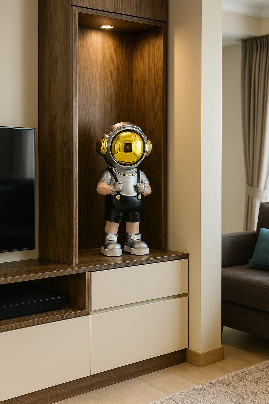 Astronaut Figurine in Orange Outfit with Golden Helmet – Modern Decorative Statue