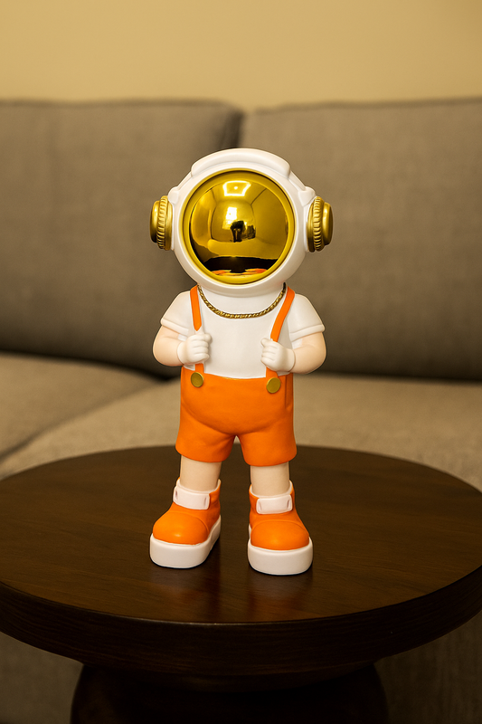 Astronaut Figurine in Orange Outfit with Golden Helmet – Modern Decorative Statue