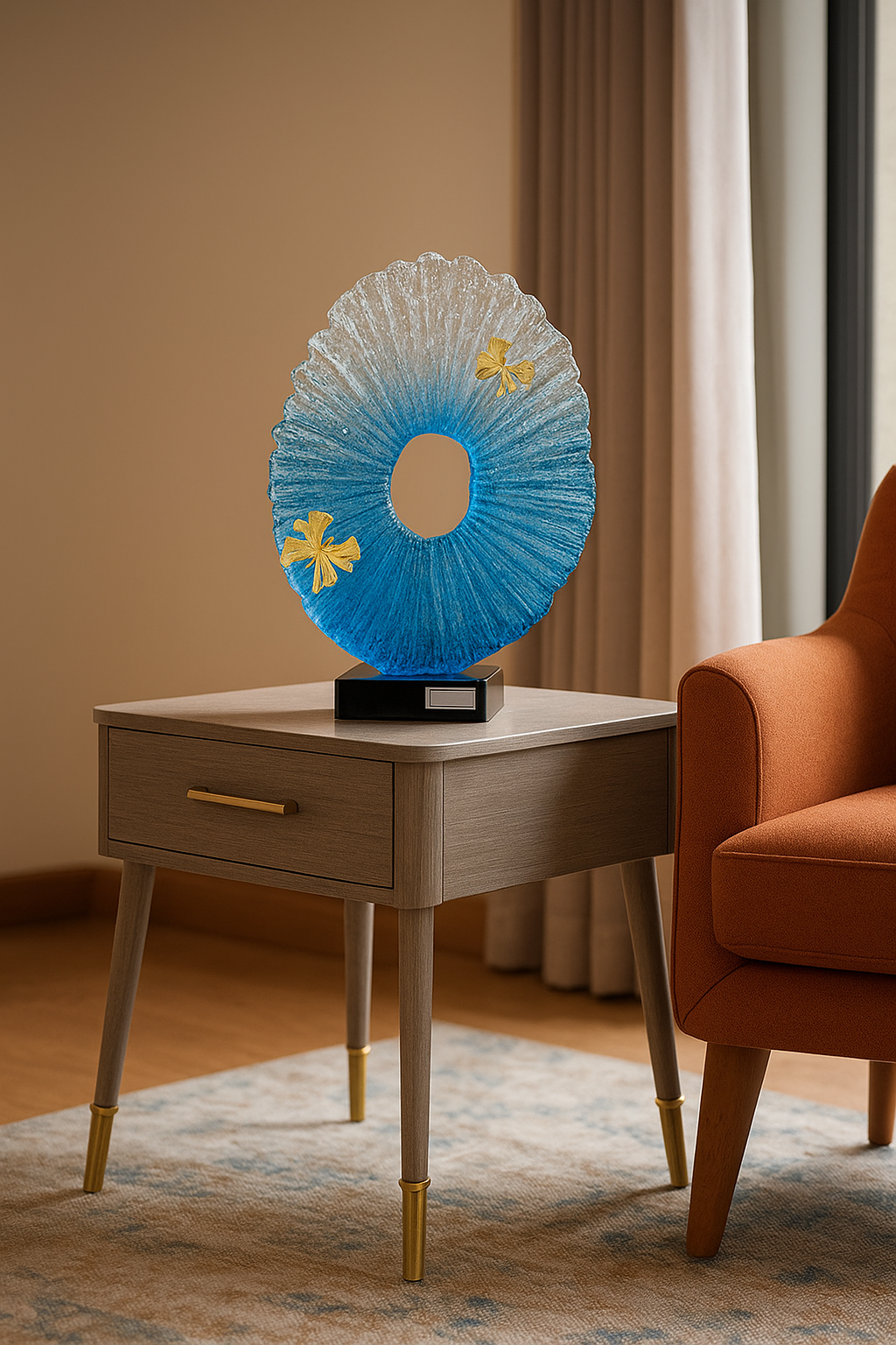 Blue Crystal Circle Sculpture with Golden Butterflies – Luxury Decorative Showpiece