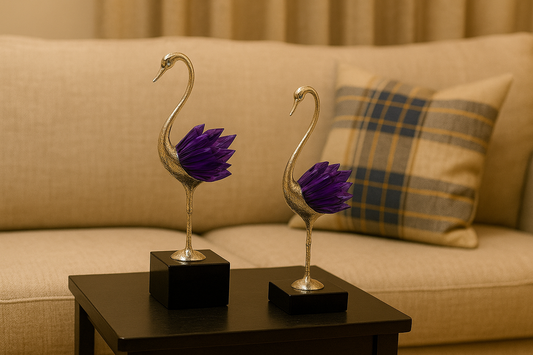 Golden Swan Figurine Set with Purple Crystal Wings – Pair Elegant Luxury Home Decor