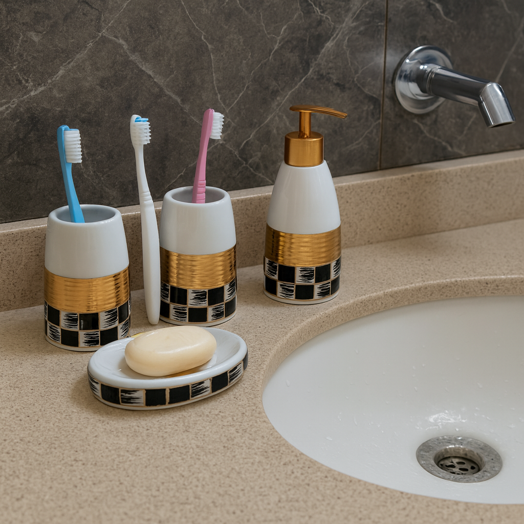 White & Gold Washroom Accessories Set of 4