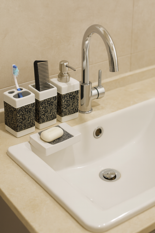 White & Black Floral Washroom Accessories Set of 4