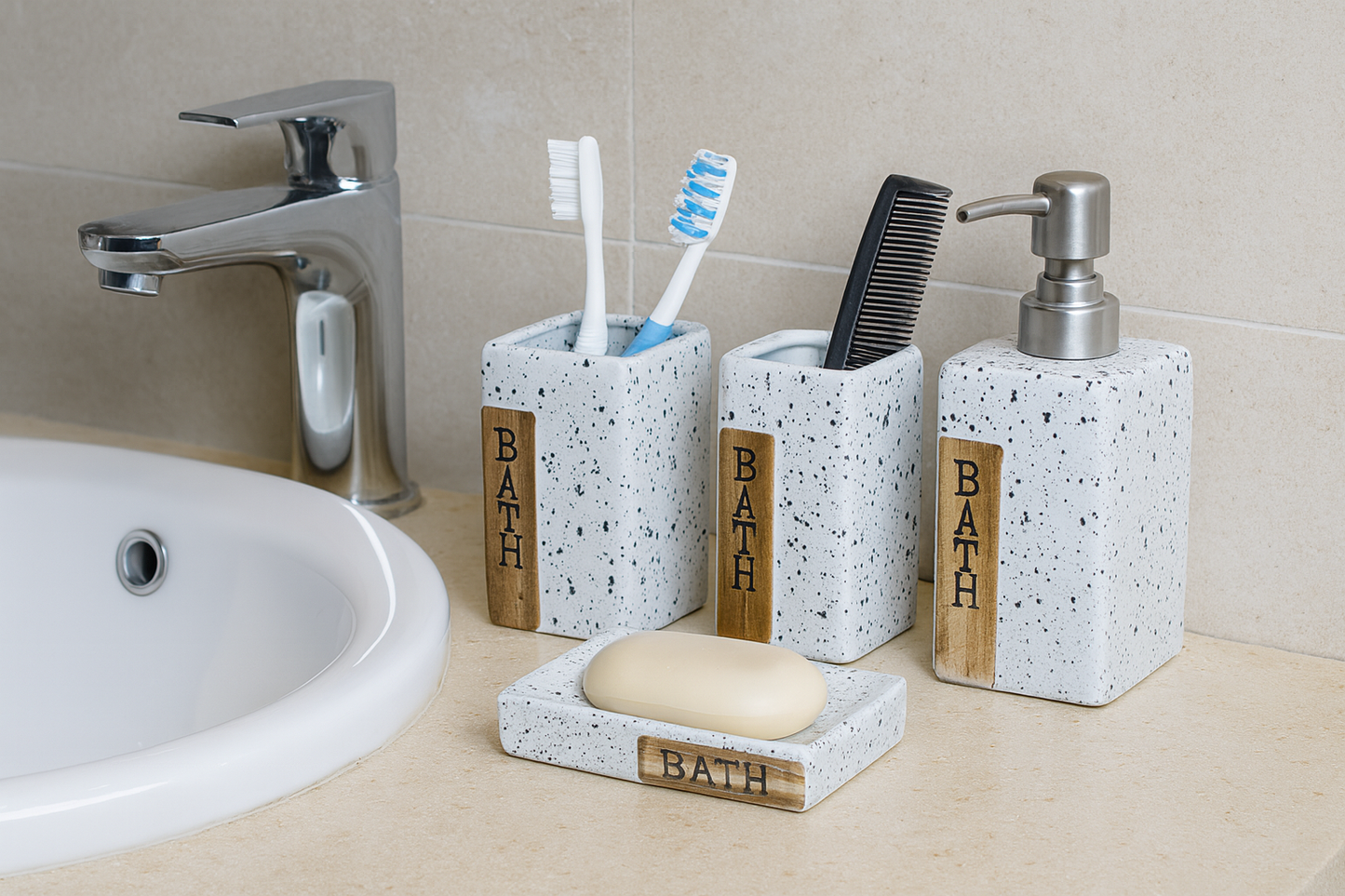 Stone-Style Washroom Accessories Set of 4